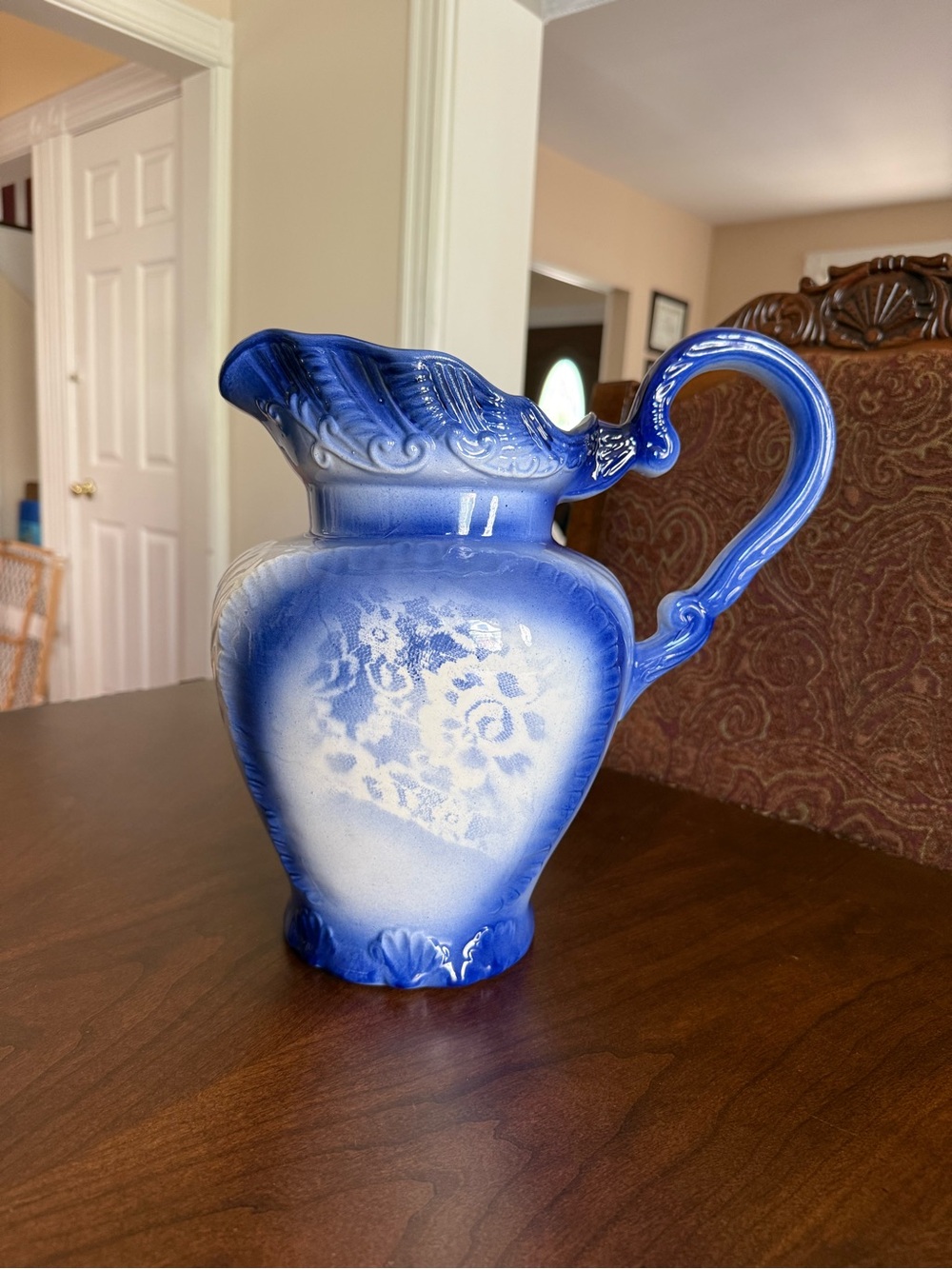 Vintage Large Flow Blue Floral Ceramic Earthenware Pitcher *READ*
